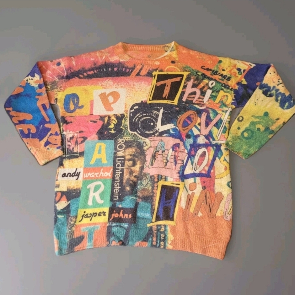 Yesno Women's Wool Blend Graphic Pullover Sweater - Pop Art Stars - Size L